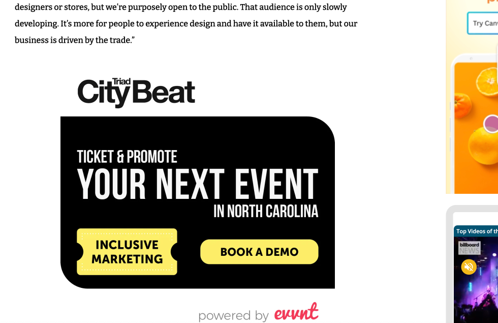 Digital Ads for Triad City Beat Calendar and Ticketing Partners